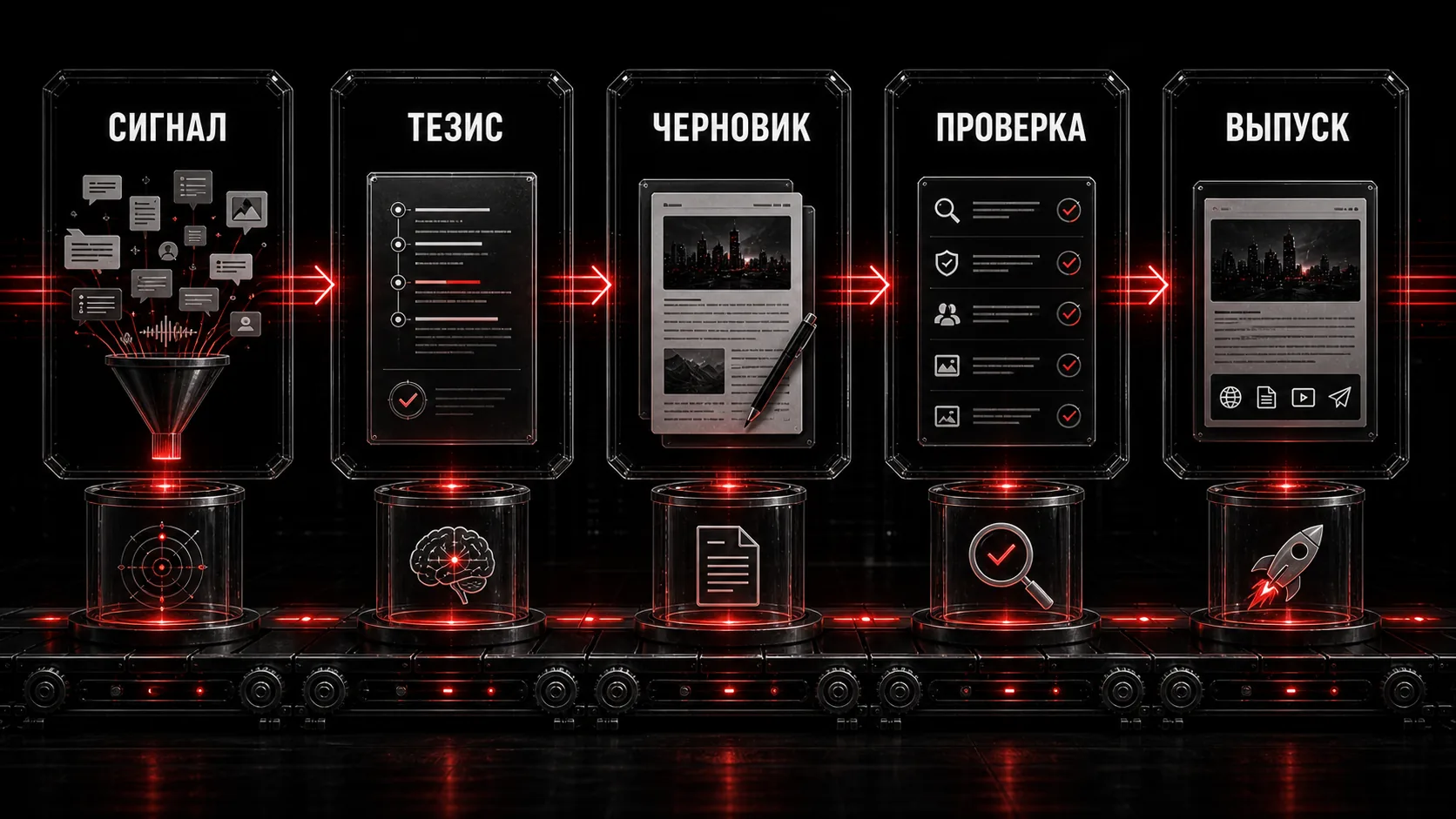 Инфографика: контент проходит этапы сигнал, тезис, черновик, проверка и выпуск