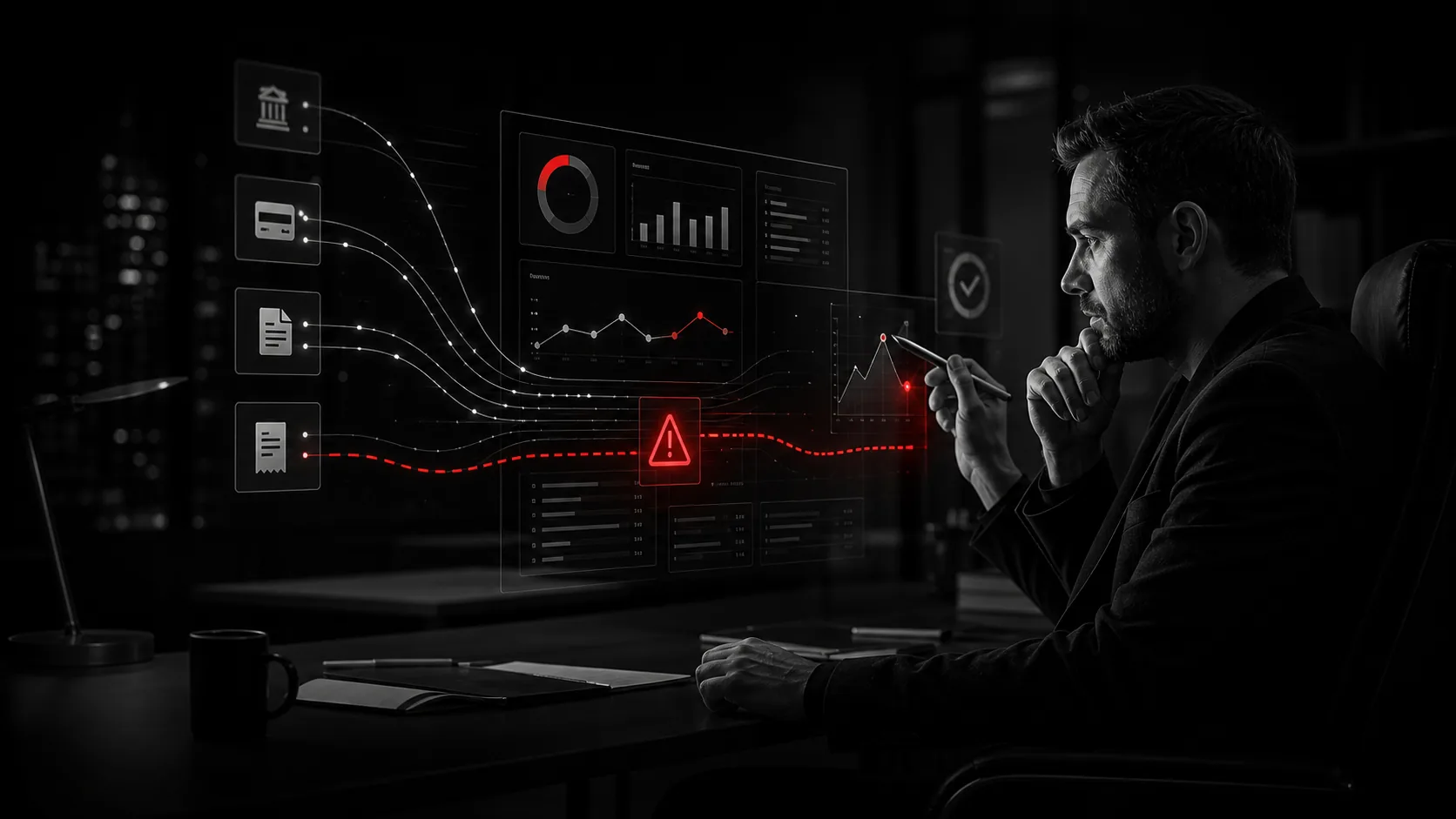 Предприниматель видит красный предупреждающий сигнал на финансовом дашборде