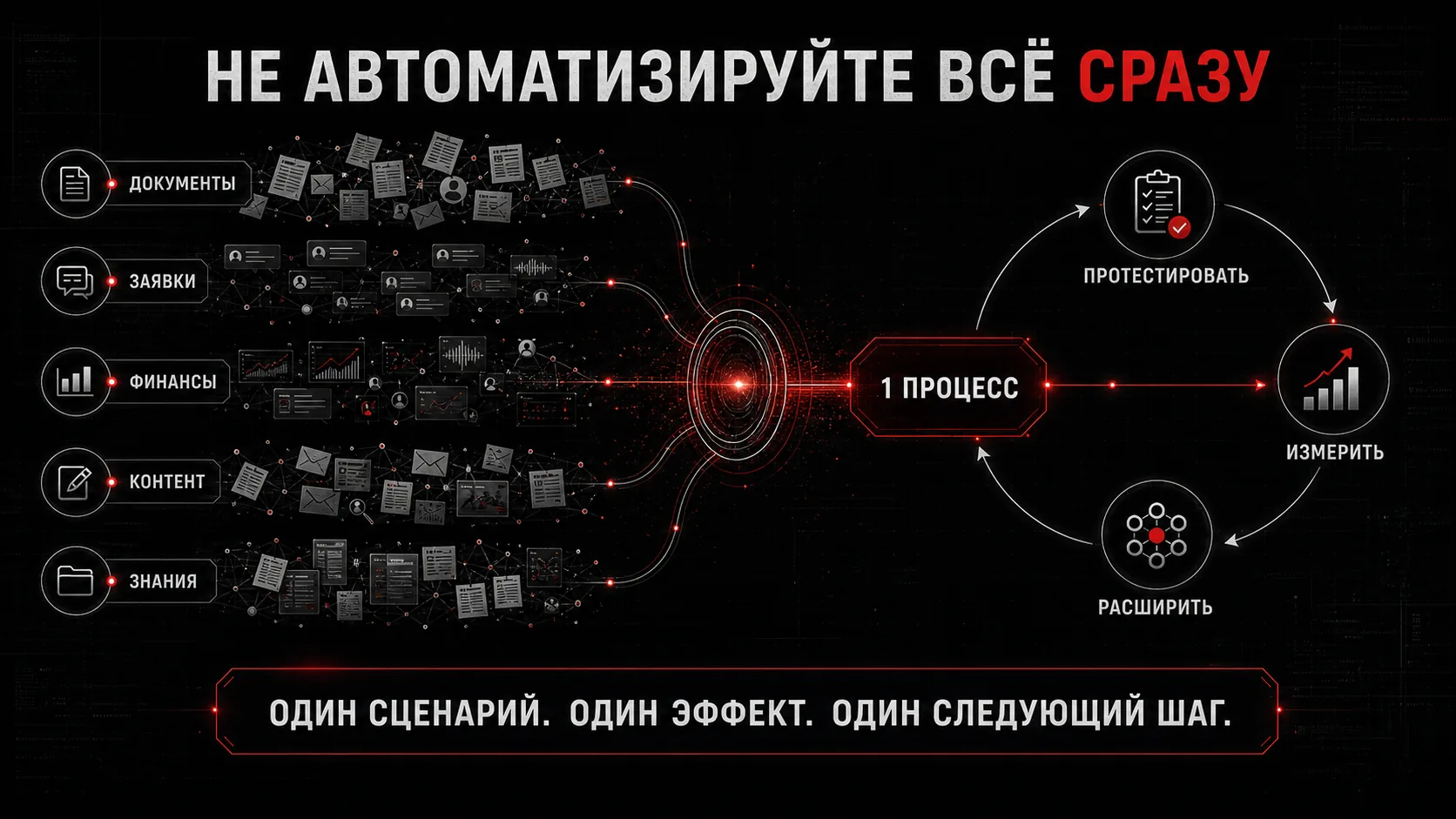 Инфографика: документы, заявки, финансы, контент и знания сходятся в один процесс, который нужно протестировать, измерить и расширить